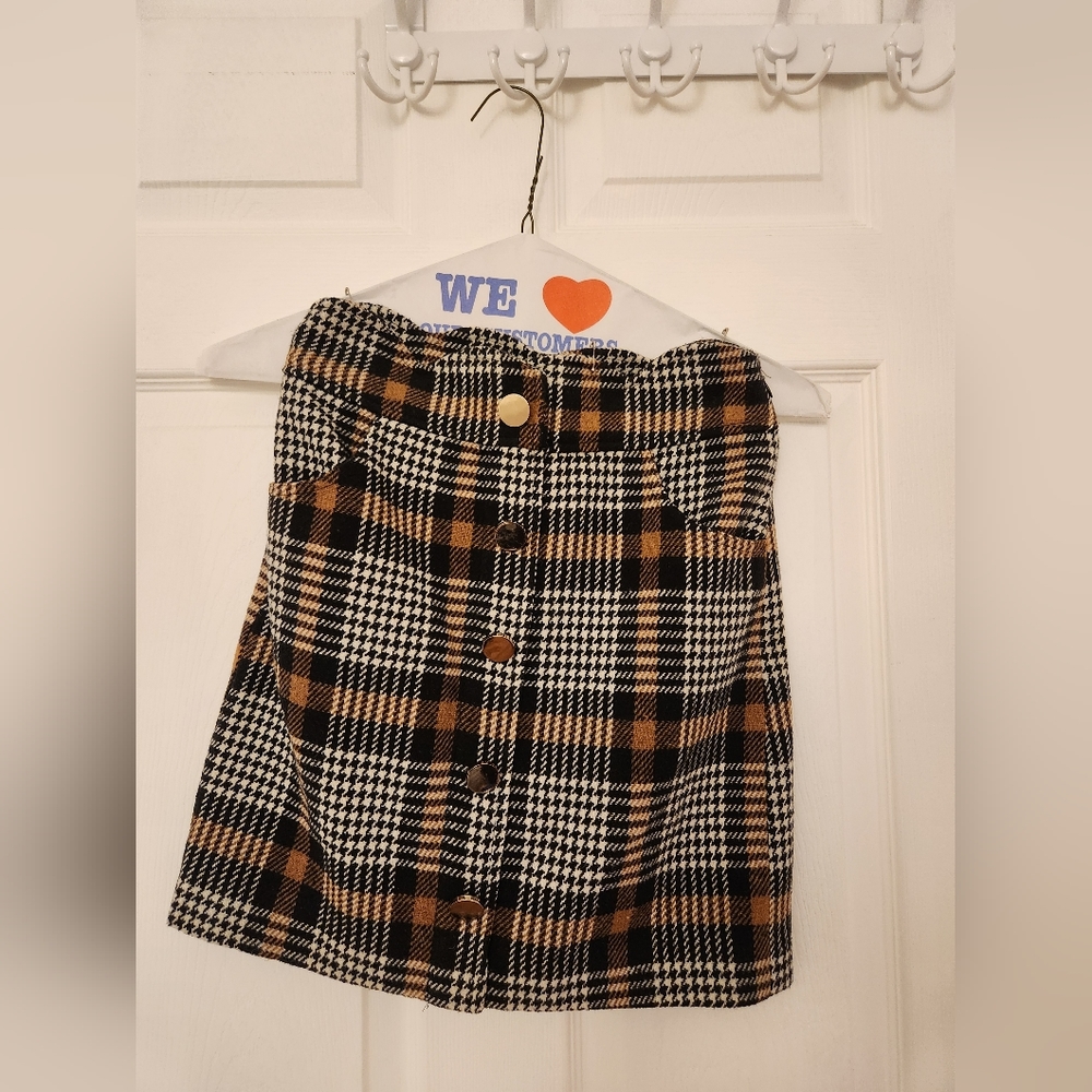 J.O.A., Womens Houndstooth Scalloped Waist, Mini Skirt, Brown, Plaid, XS